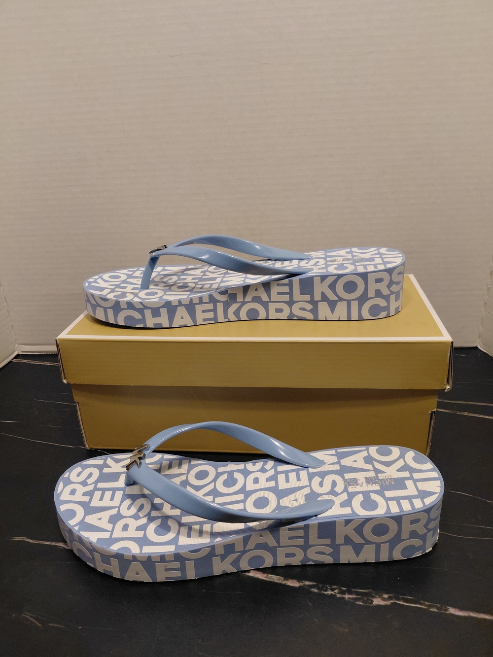 Michael Kors Light Blue Logo Platform Flip Flops